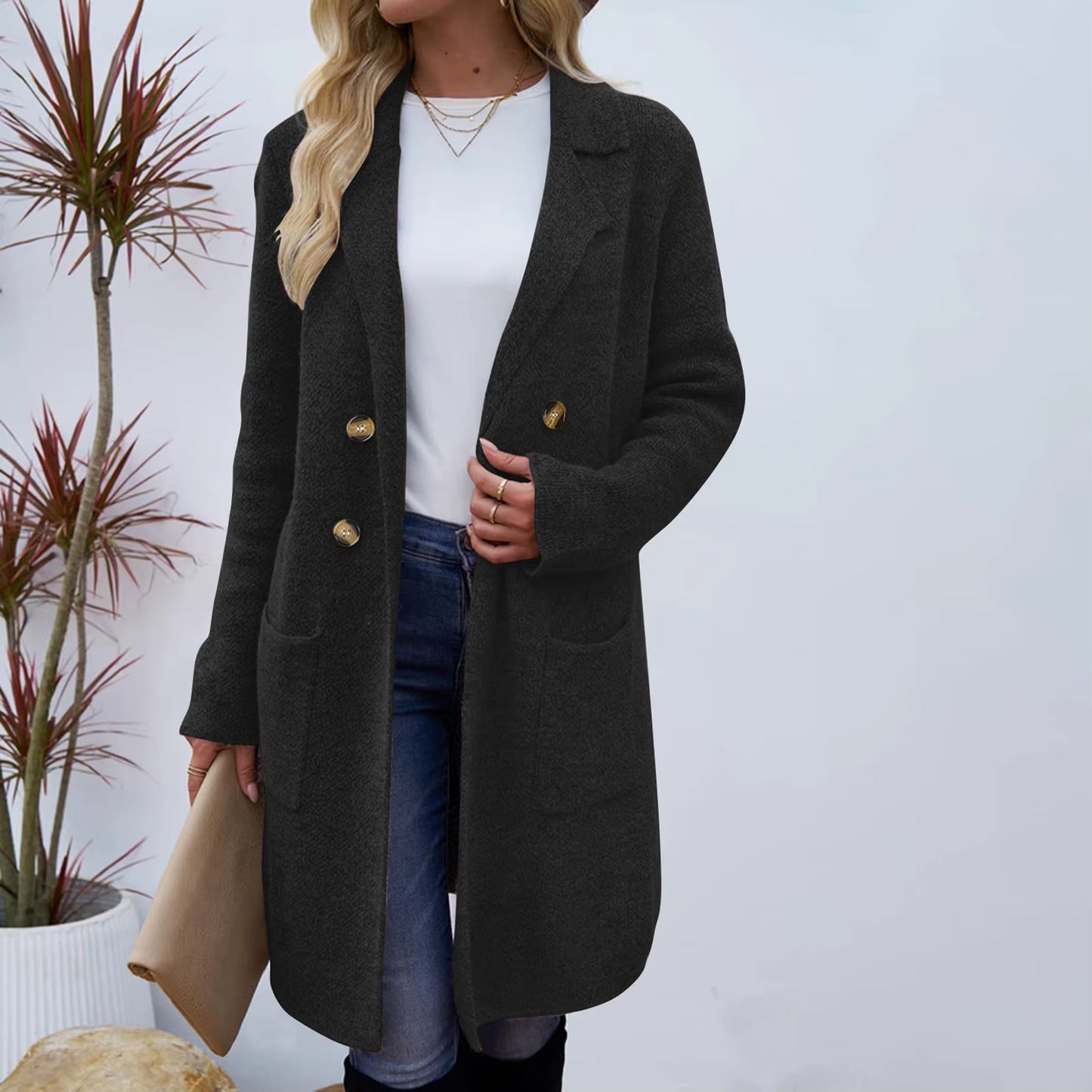 Women Woolen Jacket Turn-Down Collar Pockets Solid Color Overcoat Double-Breasted Loose Fit Thermal Outerwear Female Clothes
