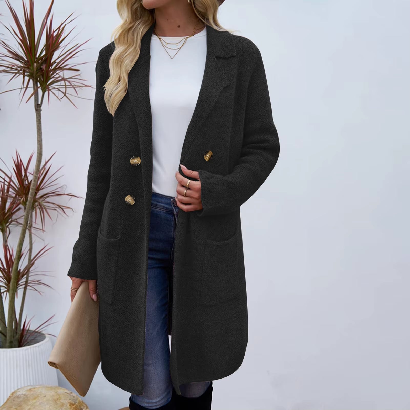 Women Woolen Jacket Turn-Down Collar Pockets Solid Color Overcoat Double-Breasted Loose Fit Thermal Outerwear Female Clothes