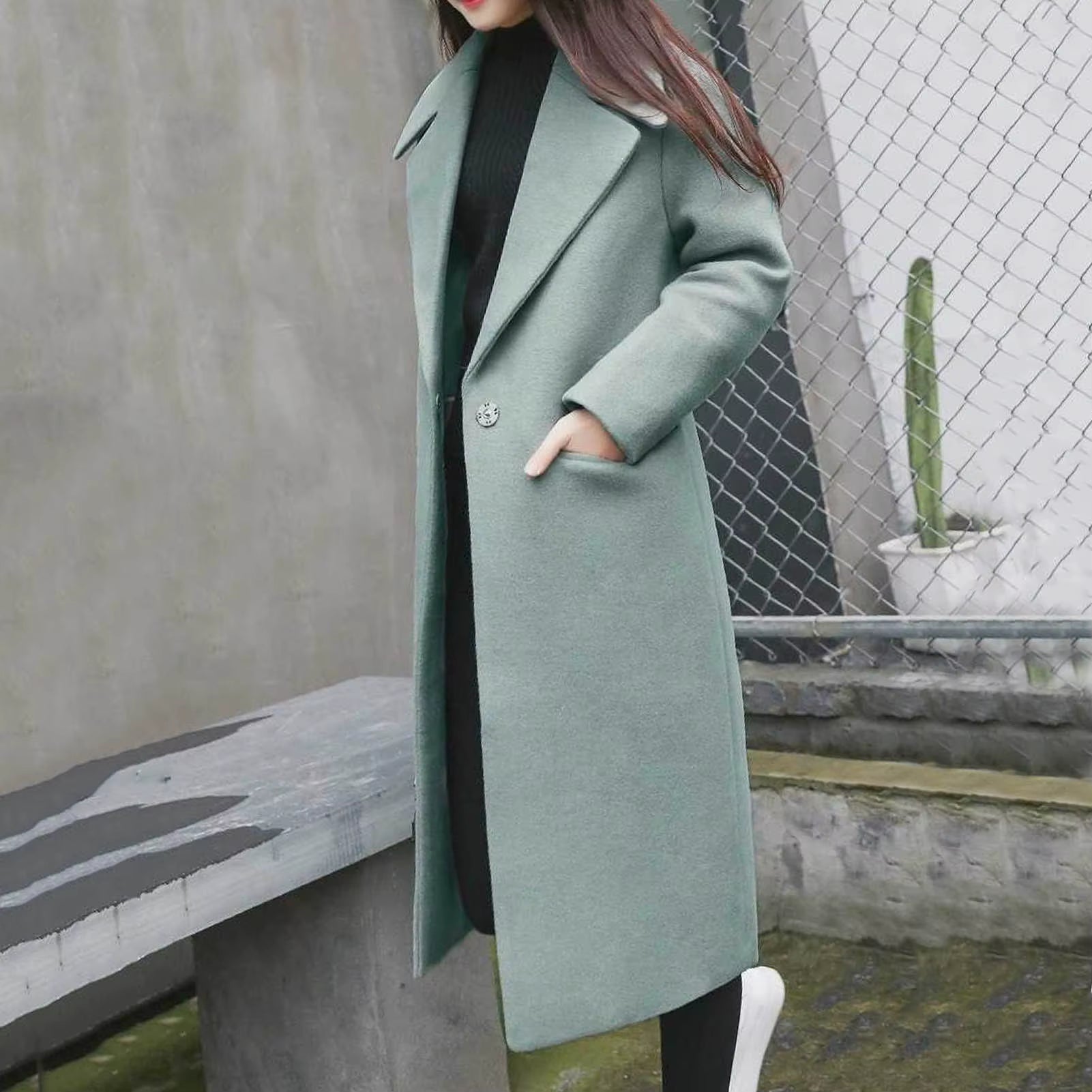 Women Woolen Jacket Turn-Down Collar Pockets Solid Color Overcoat Double-Breasted Loose Fit Thermal Outerwear Female Clothes