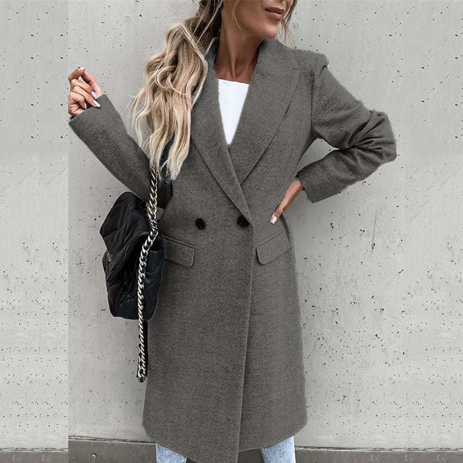 Women Woolen Jacket Turn-Down Collar Pockets Solid Color Overcoat Double-Breasted Loose Fit Thermal Outerwear Female Clothes