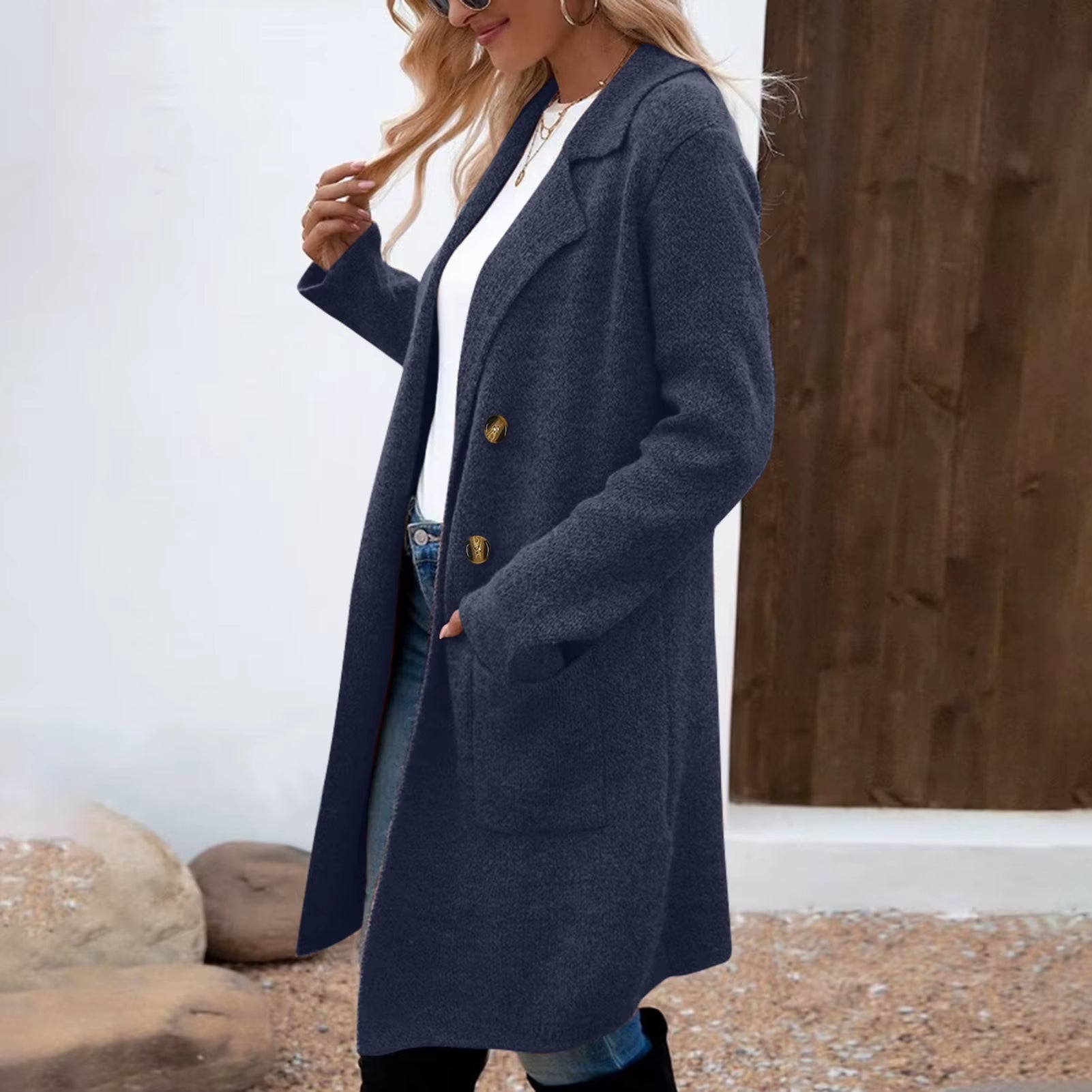 Women Woolen Jacket Turn-Down Collar Pockets Solid Color Overcoat Double-Breasted Loose Fit Thermal Outerwear Female Clothes