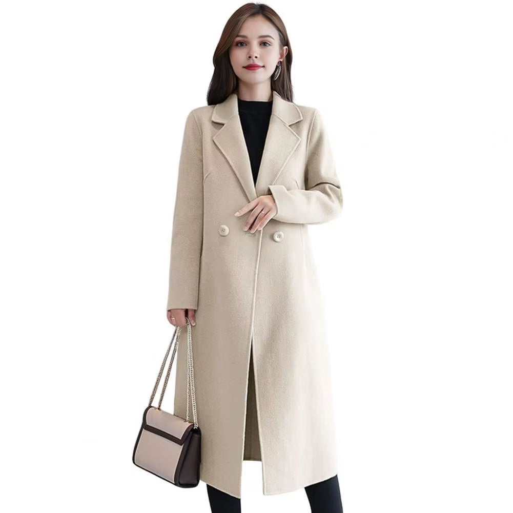 Women Woolen Jacket Turn-Down Collar Pockets Solid Color Overcoat Double-Breasted Loose Fit Thermal Outerwear Female Clothes