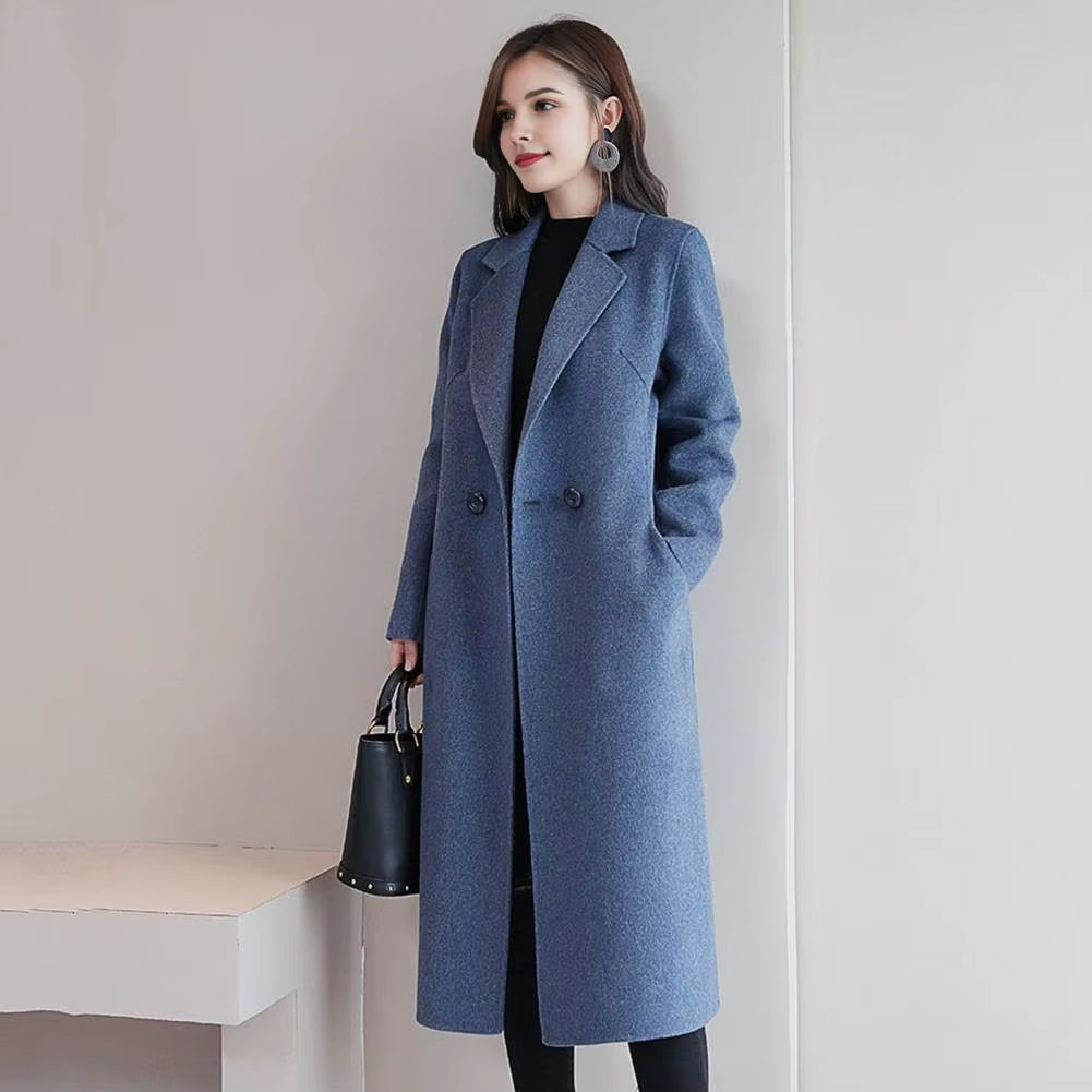Women Woolen Jacket Turn-Down Collar Pockets Solid Color Overcoat Double-Breasted Loose Fit Thermal Outerwear Female Clothes