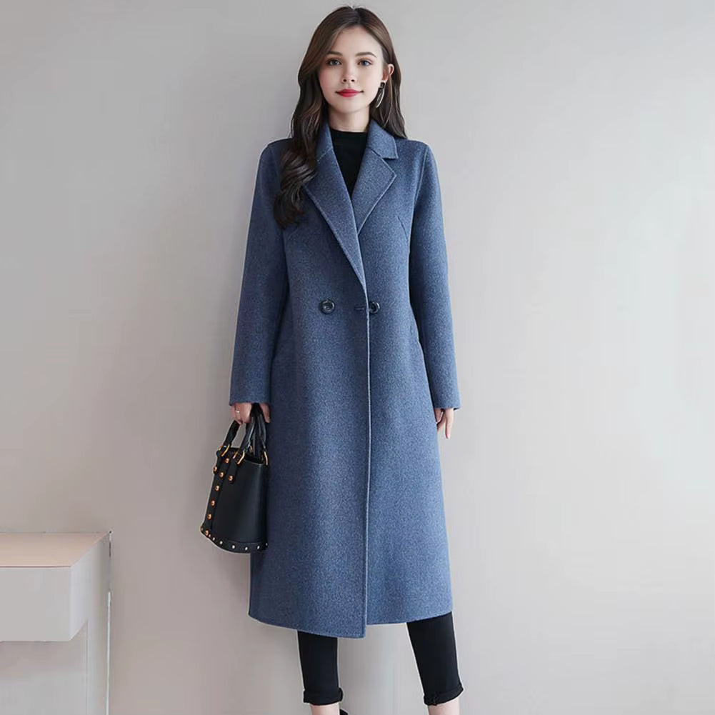 Women Woolen Jacket Turn-Down Collar Pockets Solid Color Overcoat Double-Breasted Loose Fit Thermal Outerwear Female Clothes