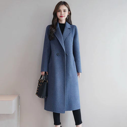 Women Woolen Jacket Turn-Down Collar Pockets Solid Color Overcoat Double-Breasted Loose Fit Thermal Outerwear Female Clothes