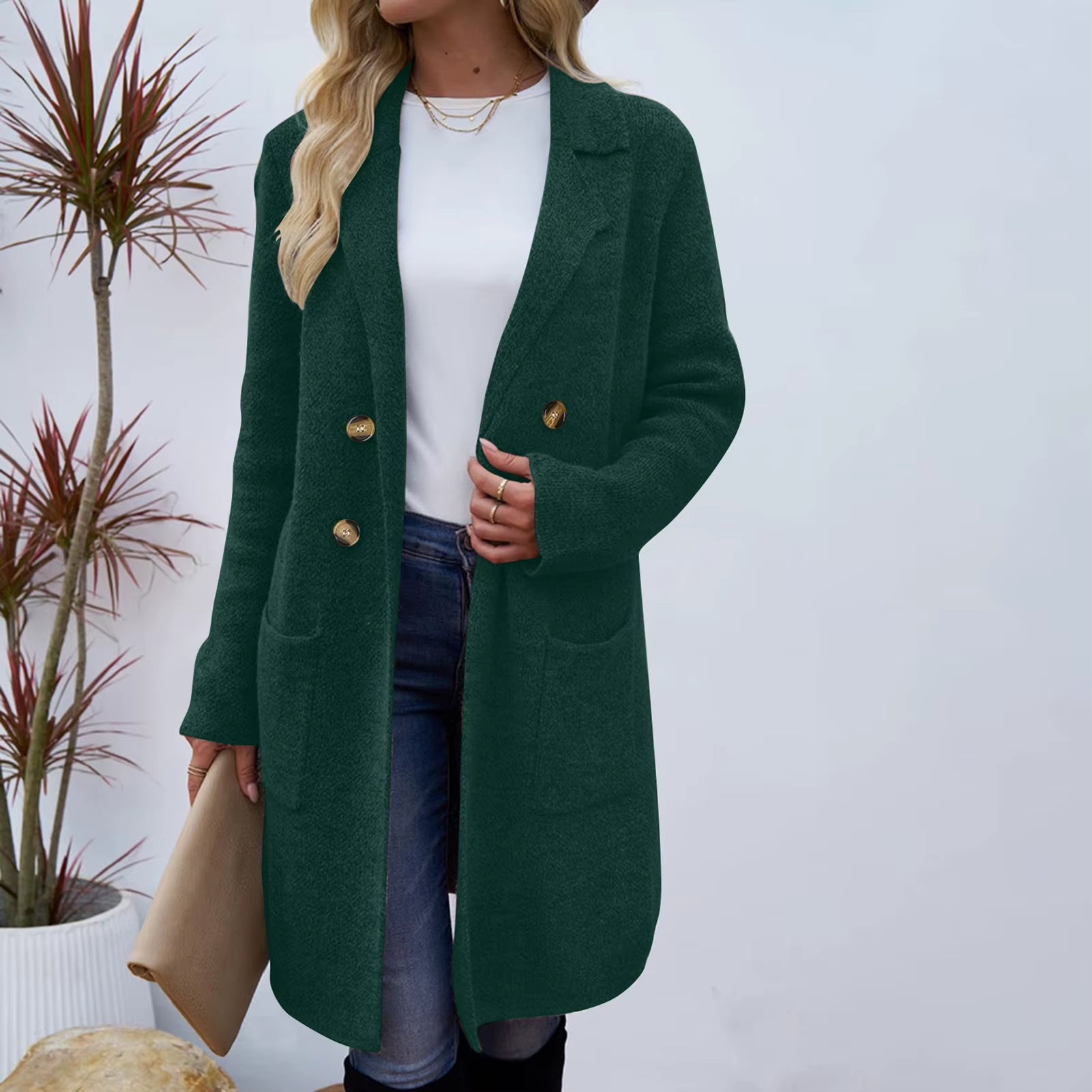 Women Woolen Jacket Turn-Down Collar Pockets Solid Color Overcoat Double-Breasted Loose Fit Thermal Outerwear Female Clothes