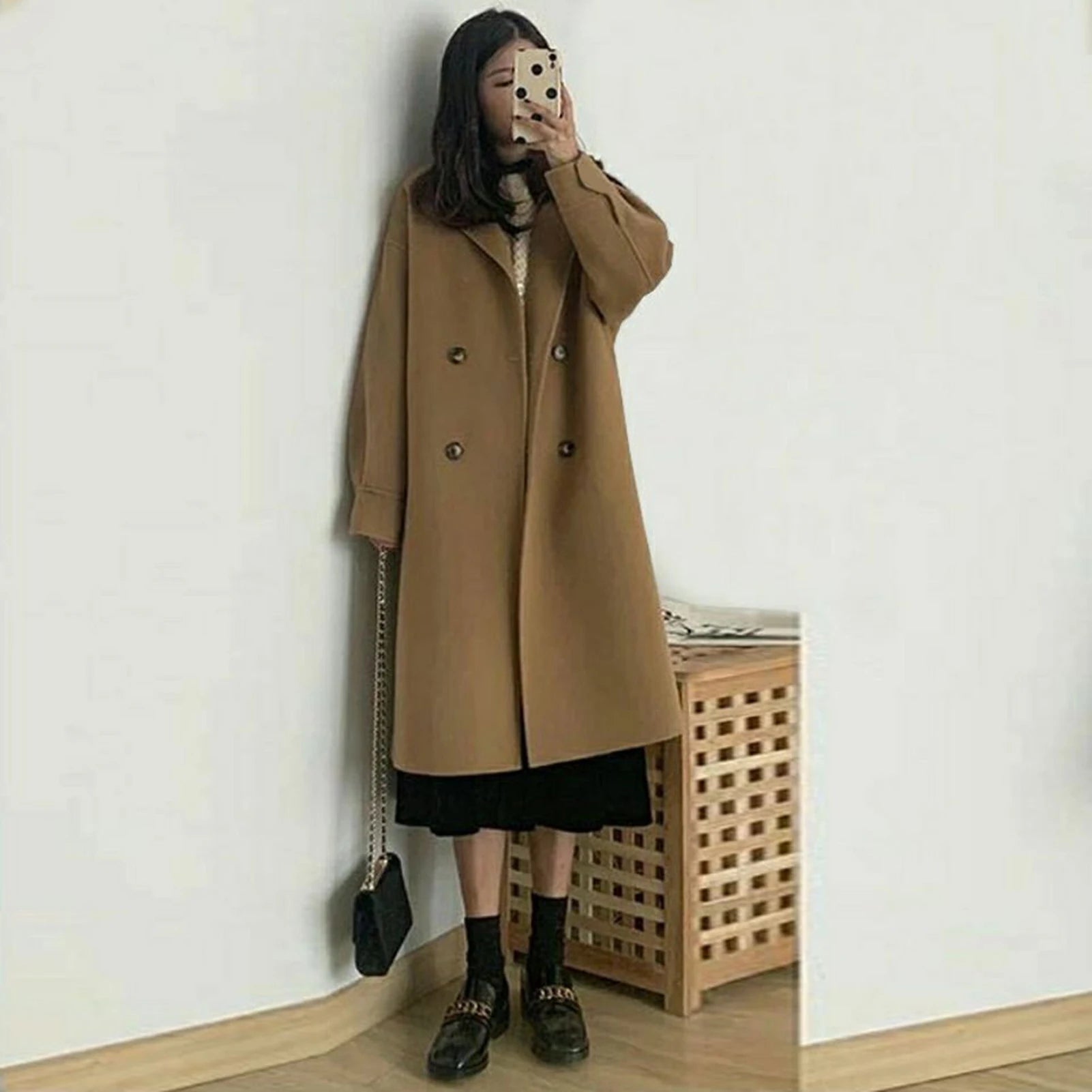 Women Woolen Jacket Turn-Down Collar Pockets Solid Color Overcoat Double-Breasted Loose Fit Thermal Outerwear Female Clothes