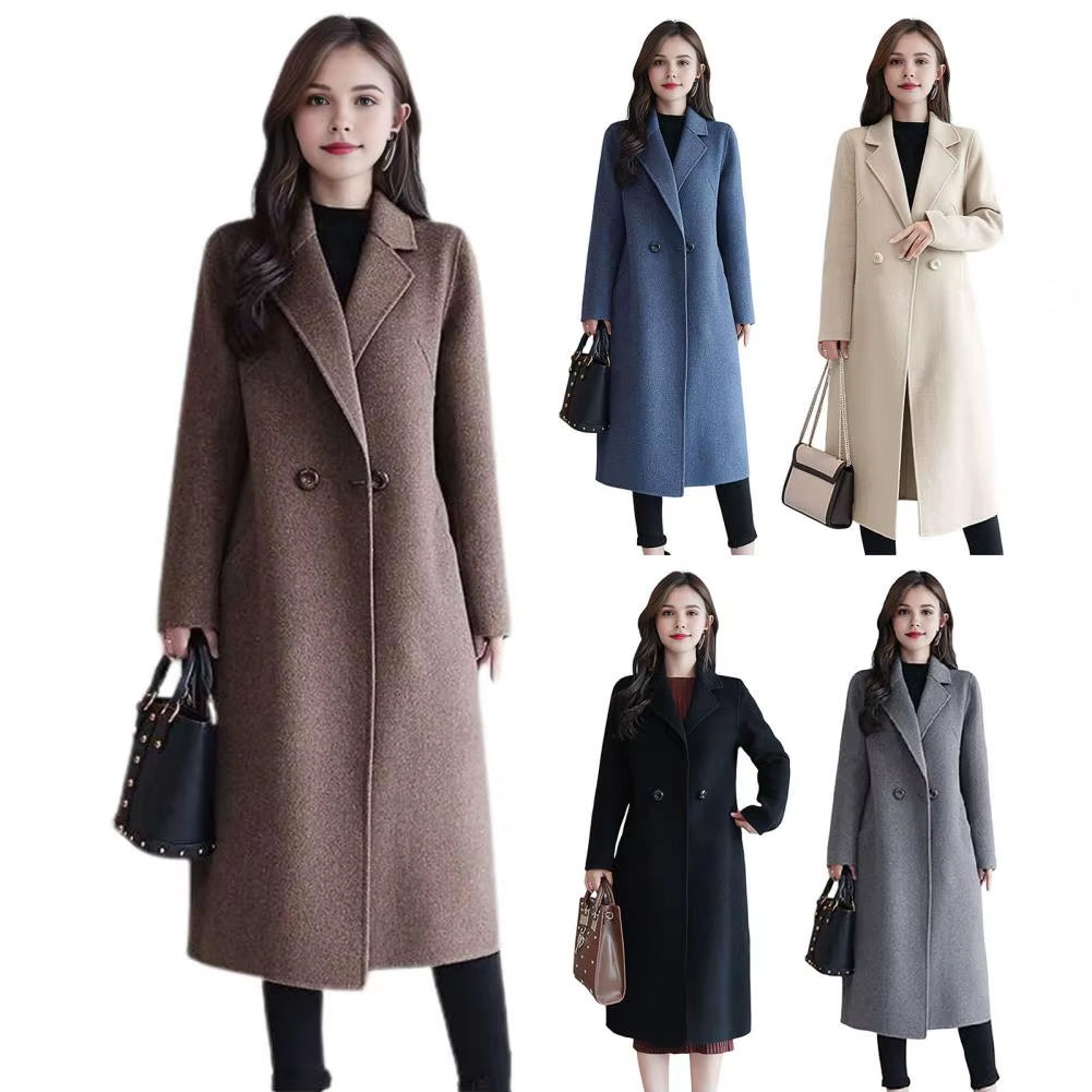 Women Woolen Jacket Turn-Down Collar Pockets Solid Color Overcoat Double-Breasted Loose Fit Thermal Outerwear Female Clothes