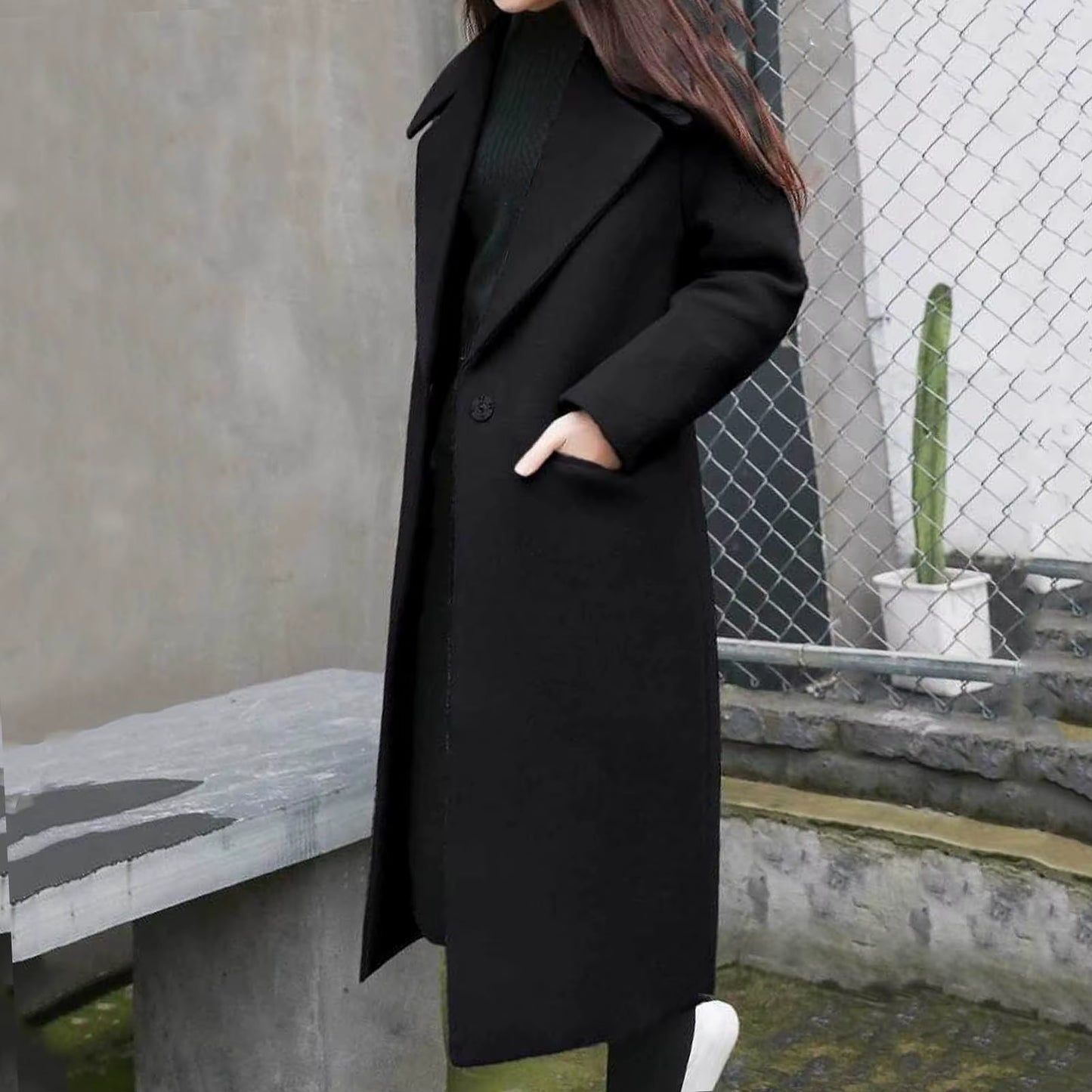 Women Woolen Jacket Turn-Down Collar Pockets Solid Color Overcoat Double-Breasted Loose Fit Thermal Outerwear Female Clothes