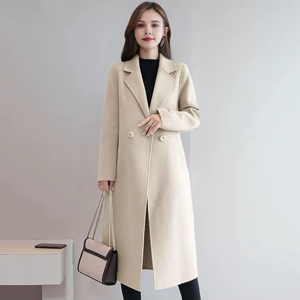 Women Woolen Jacket Turn-Down Collar Pockets Solid Color Overcoat Double-Breasted Loose Fit Thermal Outerwear Female Clothes