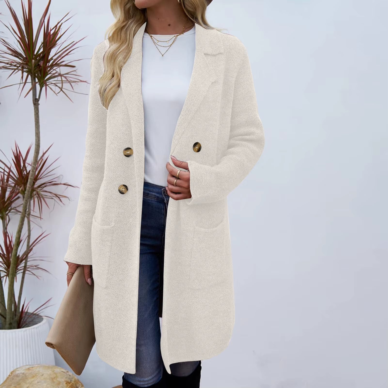 Women Woolen Jacket Turn-Down Collar Pockets Solid Color Overcoat Double-Breasted Loose Fit Thermal Outerwear Female Clothes