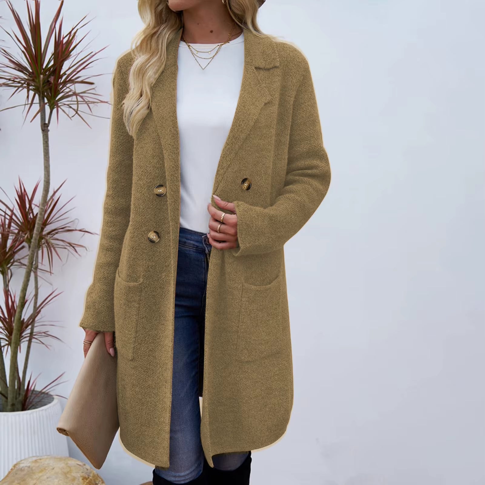Women Woolen Jacket Turn-Down Collar Pockets Solid Color Overcoat Double-Breasted Loose Fit Thermal Outerwear Female Clothes
