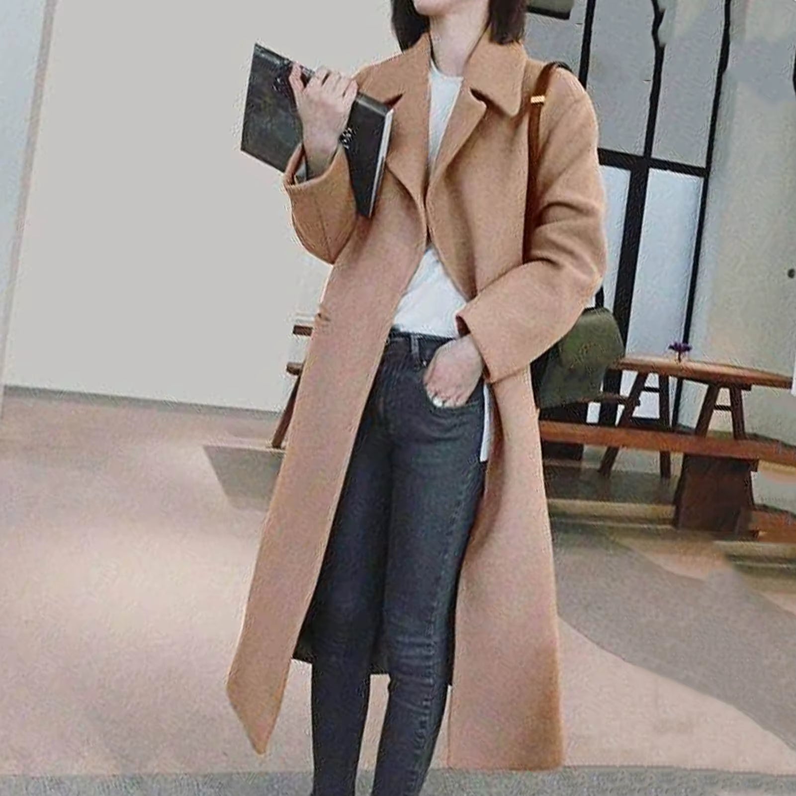 Women Woolen Jacket Turn-Down Collar Pockets Solid Color Overcoat Double-Breasted Loose Fit Thermal Outerwear Female Clothes
