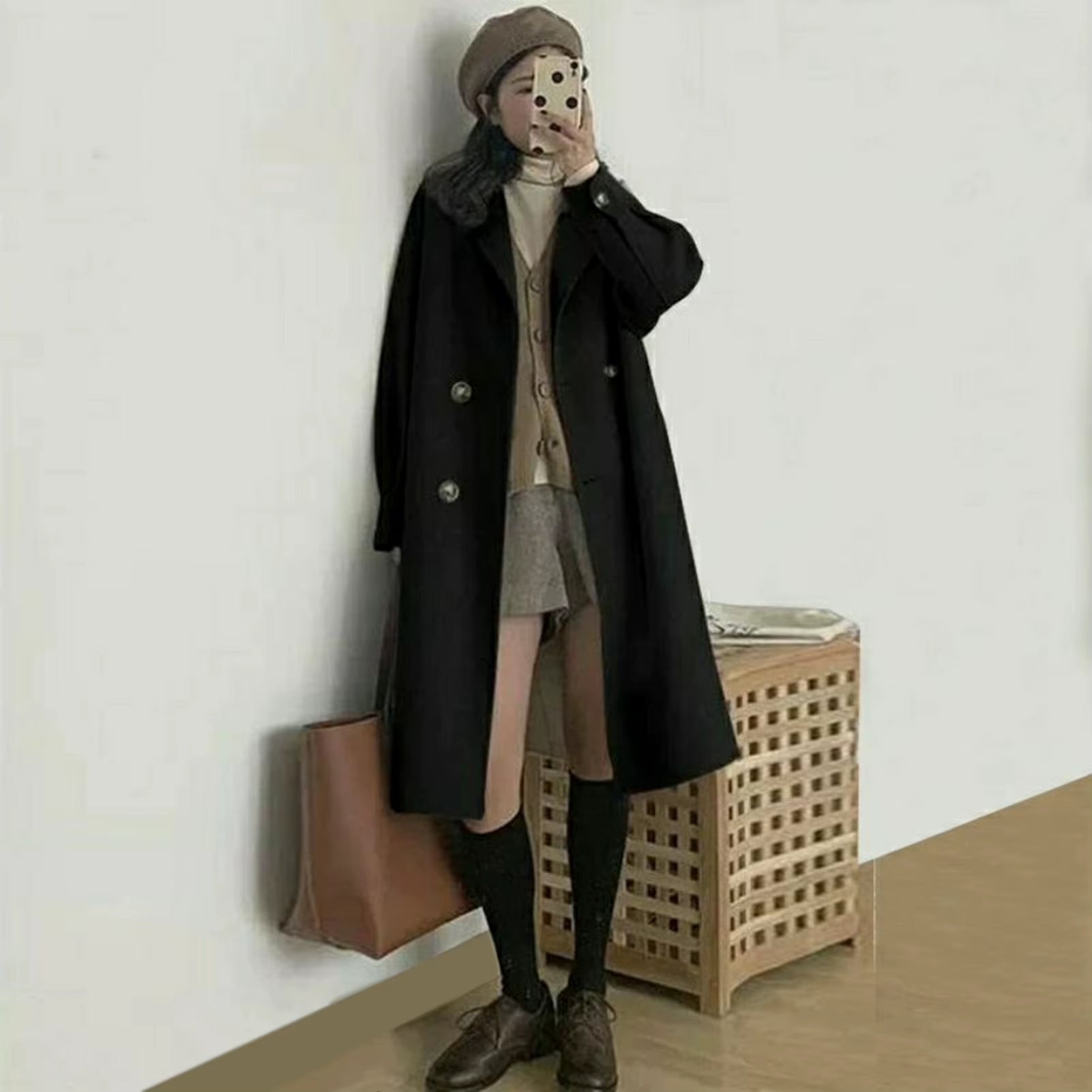 Women Woolen Jacket Turn-Down Collar Pockets Solid Color Overcoat Double-Breasted Loose Fit Thermal Outerwear Female Clothes