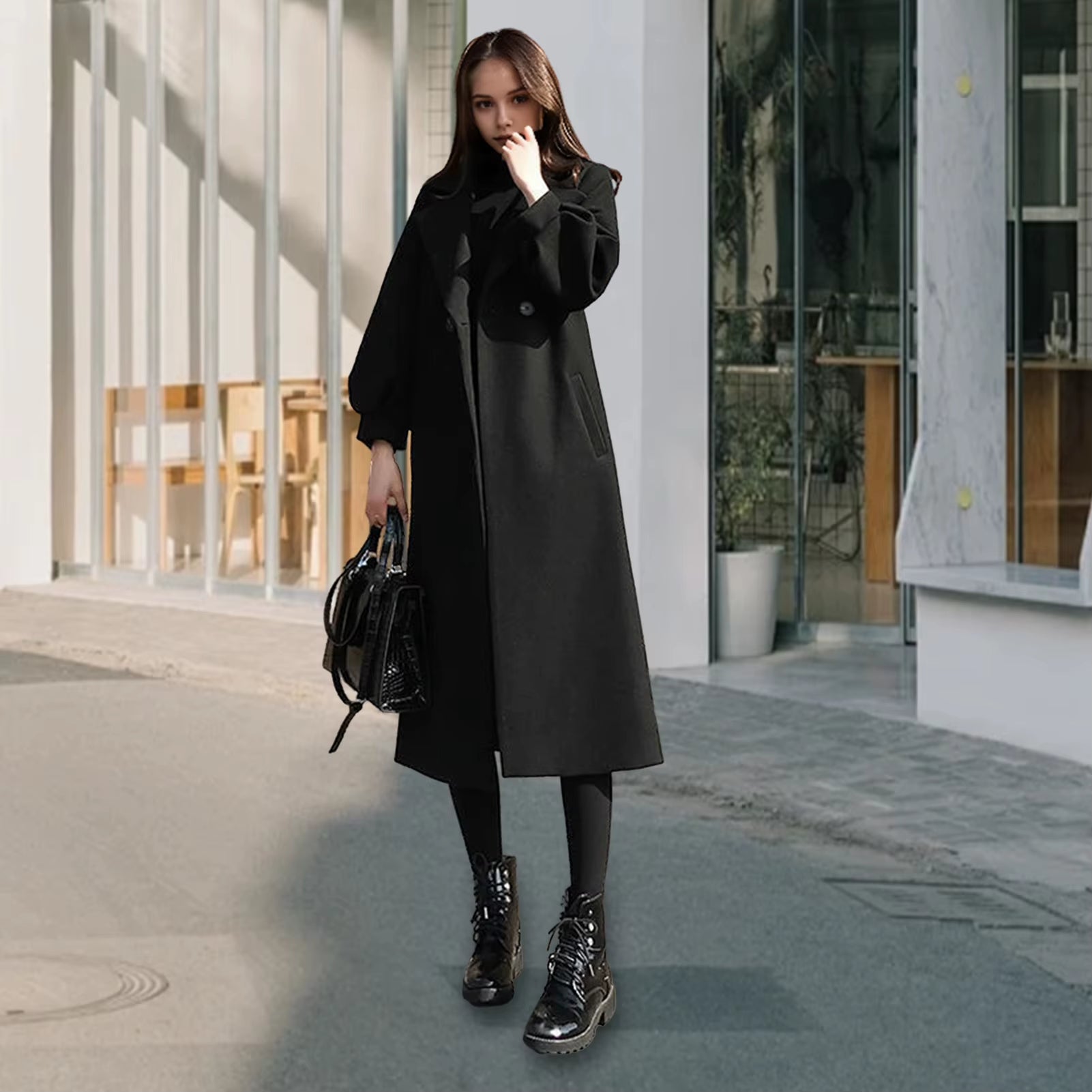 Women Woolen Jacket Turn-Down Collar Pockets Solid Color Overcoat Double-Breasted Loose Fit Thermal Outerwear Female Clothes