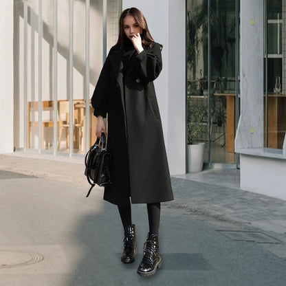 Women Woolen Jacket Turn-Down Collar Pockets Solid Color Overcoat Double-Breasted Loose Fit Thermal Outerwear Female Clothes