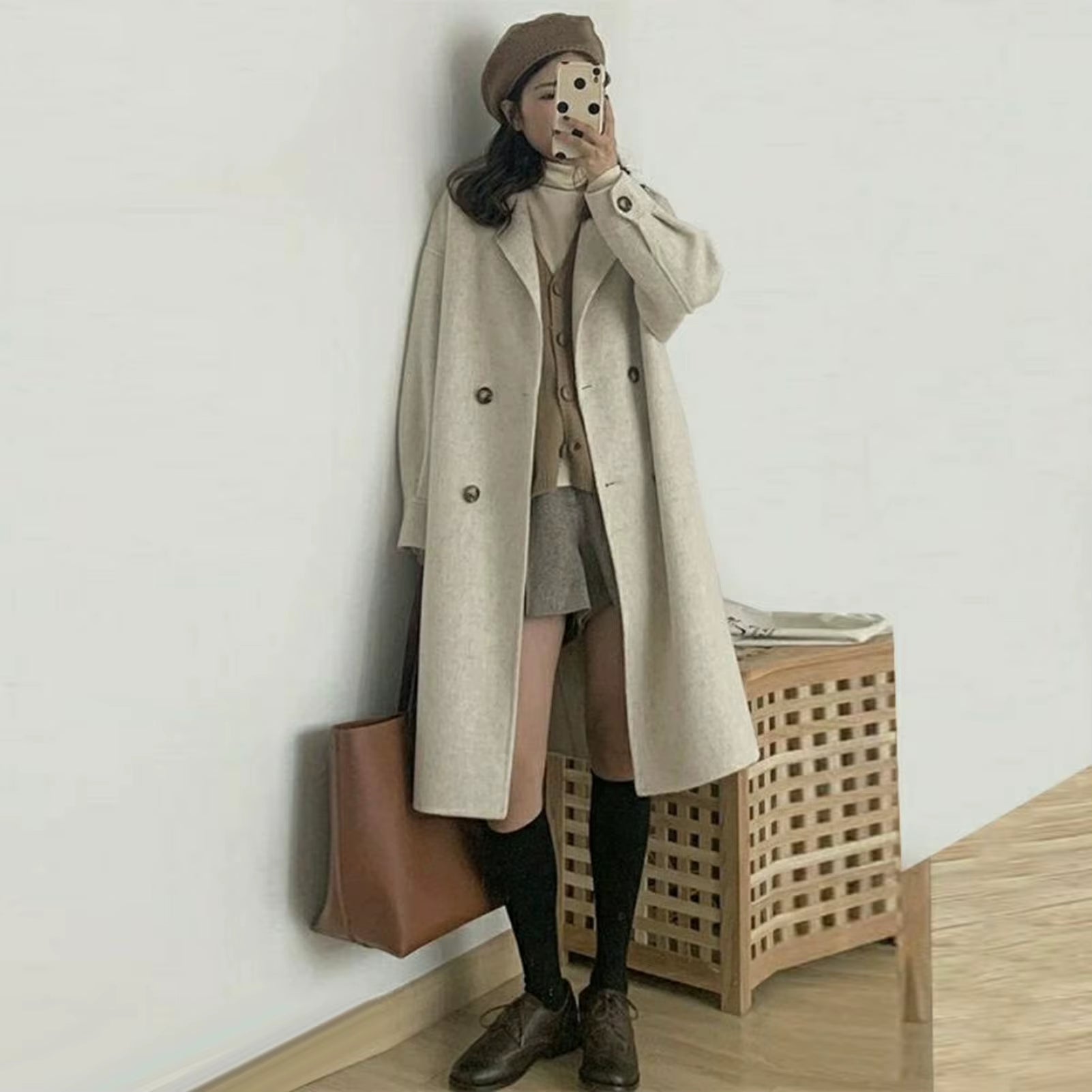 Women Woolen Jacket Turn-Down Collar Pockets Solid Color Overcoat Double-Breasted Loose Fit Thermal Outerwear Female Clothes