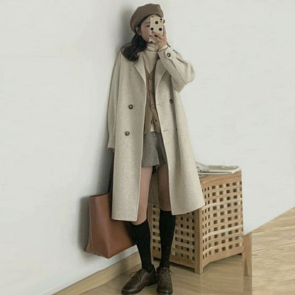 Women Woolen Jacket Turn-Down Collar Pockets Solid Color Overcoat Double-Breasted Loose Fit Thermal Outerwear Female Clothes