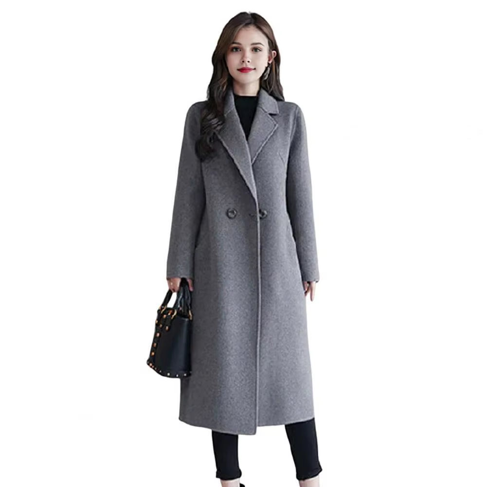 Women Woolen Jacket Turn-Down Collar Pockets Solid Color Overcoat Double-Breasted Loose Fit Thermal Outerwear Female Clothes
