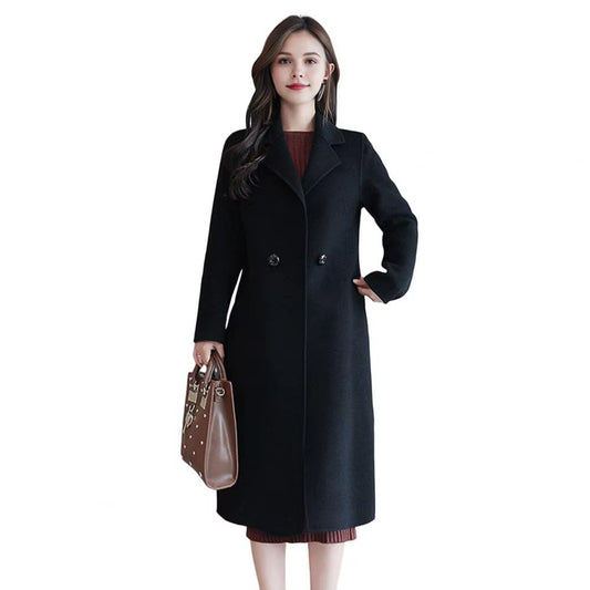 Women Woolen Jacket Turn-Down Collar Pockets Solid Color Overcoat Double-Breasted Loose Fit Thermal Outerwear Female Clothes