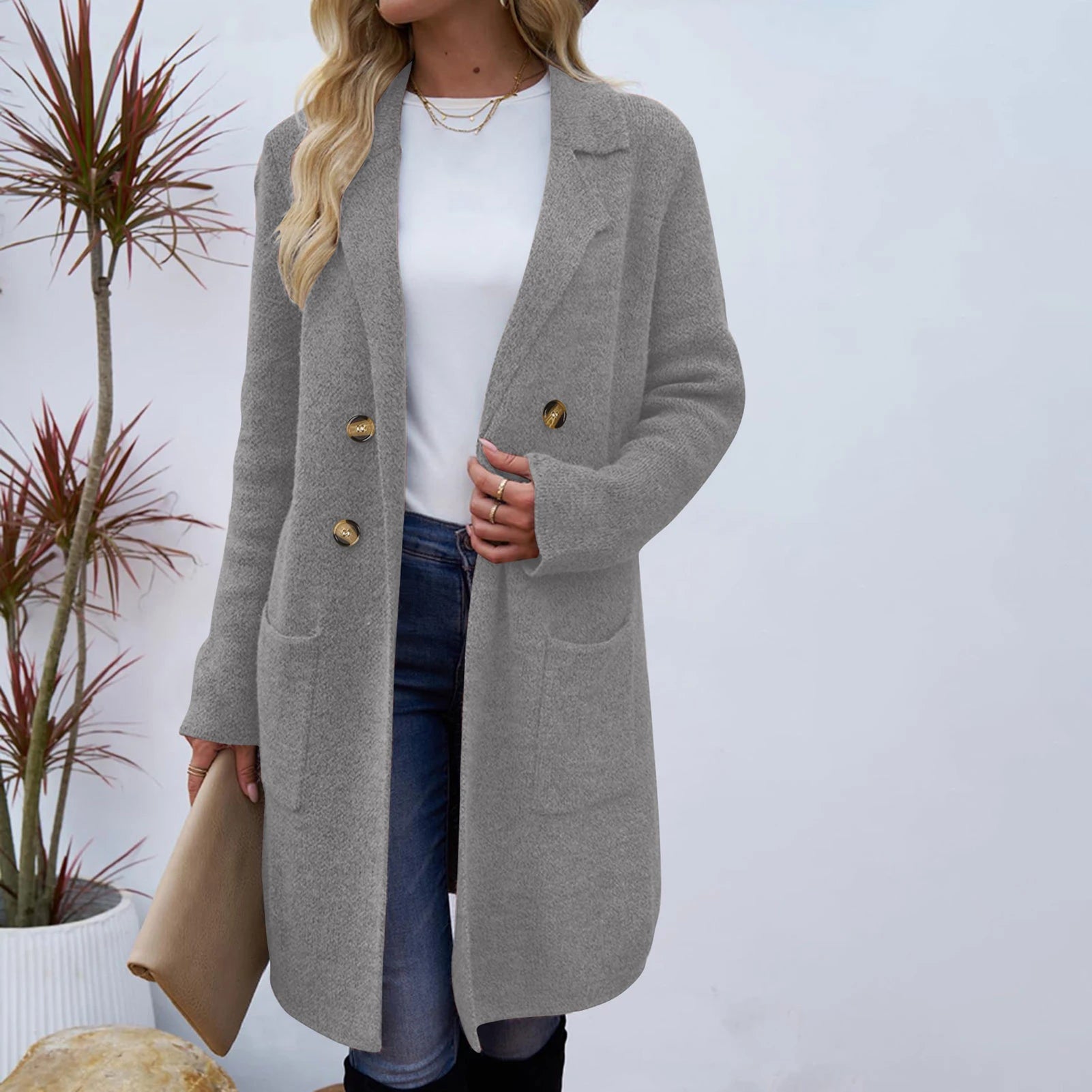 Women Woolen Jacket Turn-Down Collar Pockets Solid Color Overcoat Double-Breasted Loose Fit Thermal Outerwear Female Clothes