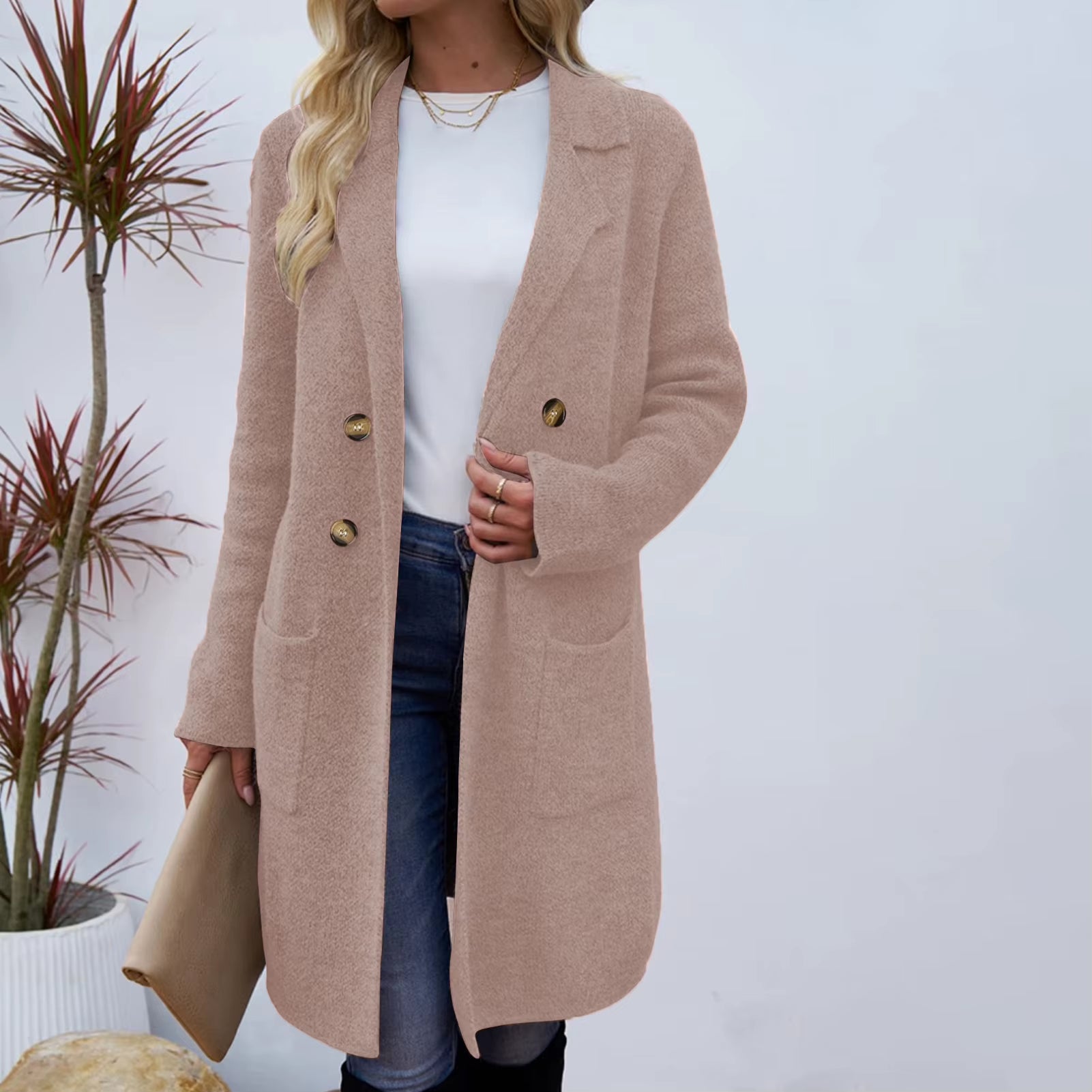 Women Woolen Jacket Turn-Down Collar Pockets Solid Color Overcoat Double-Breasted Loose Fit Thermal Outerwear Female Clothes