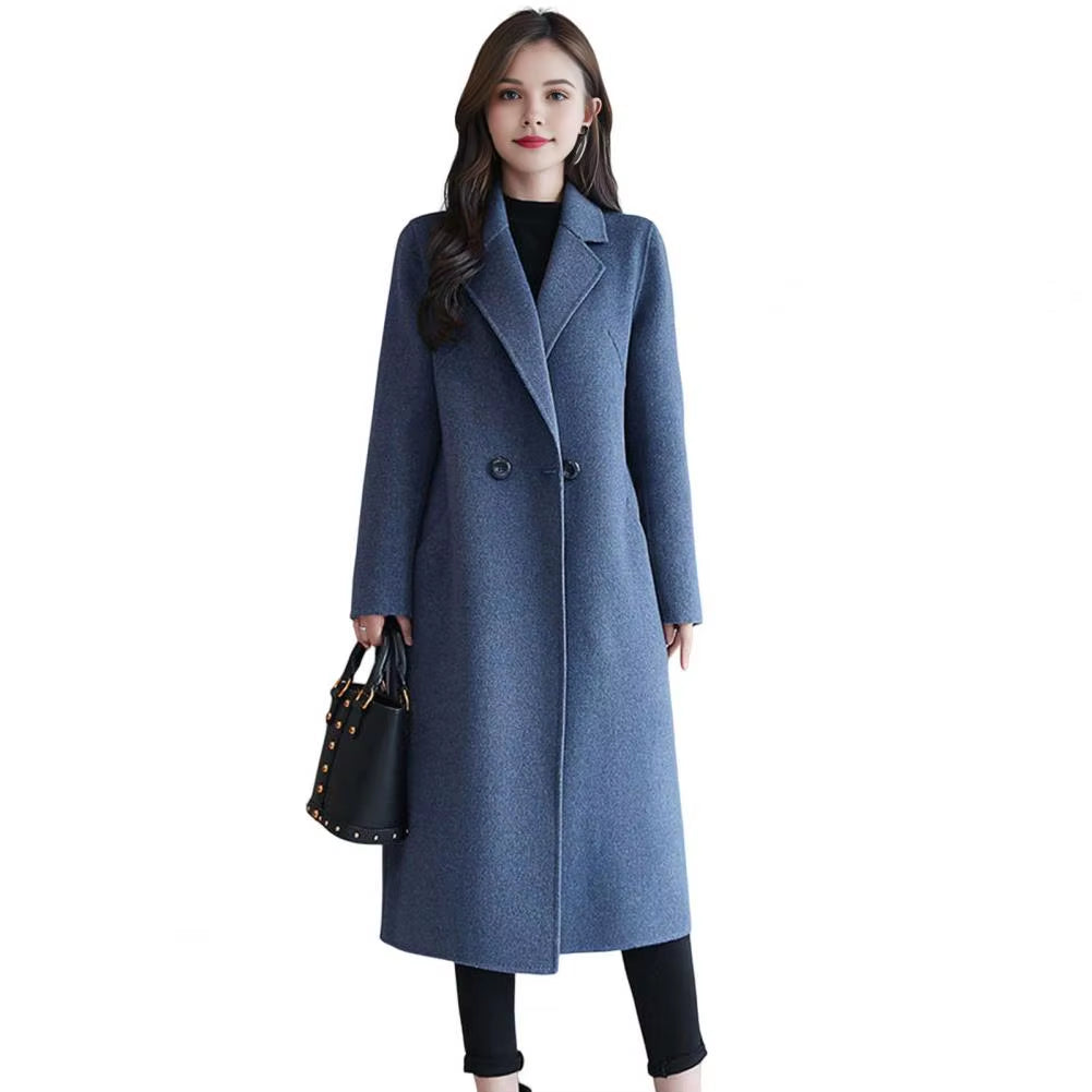Women Woolen Jacket Turn-Down Collar Pockets Solid Color Overcoat Double-Breasted Loose Fit Thermal Outerwear Female Clothes