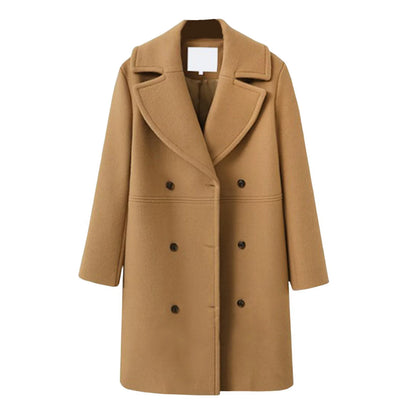 Women Woolen Jacket Turn-Down Collar Pockets Solid Color Overcoat Double-Breasted Loose Fit Thermal Outerwear Female Clothes