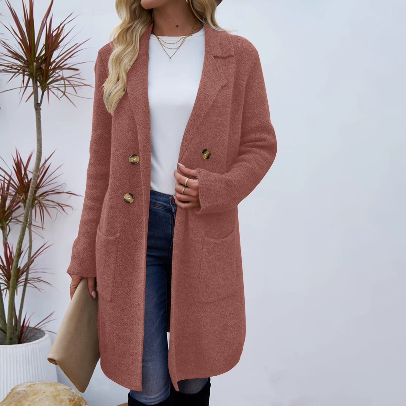 Women Woolen Jacket Turn-Down Collar Pockets Solid Color Overcoat Double-Breasted Loose Fit Thermal Outerwear Female Clothes