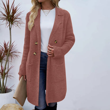 Women Woolen Jacket Turn-Down Collar Pockets Solid Color Overcoat Double-Breasted Loose Fit Thermal Outerwear Female Clothes