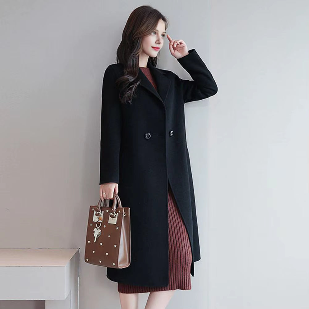Women Woolen Jacket Turn-Down Collar Pockets Solid Color Overcoat Double-Breasted Loose Fit Thermal Outerwear Female Clothes