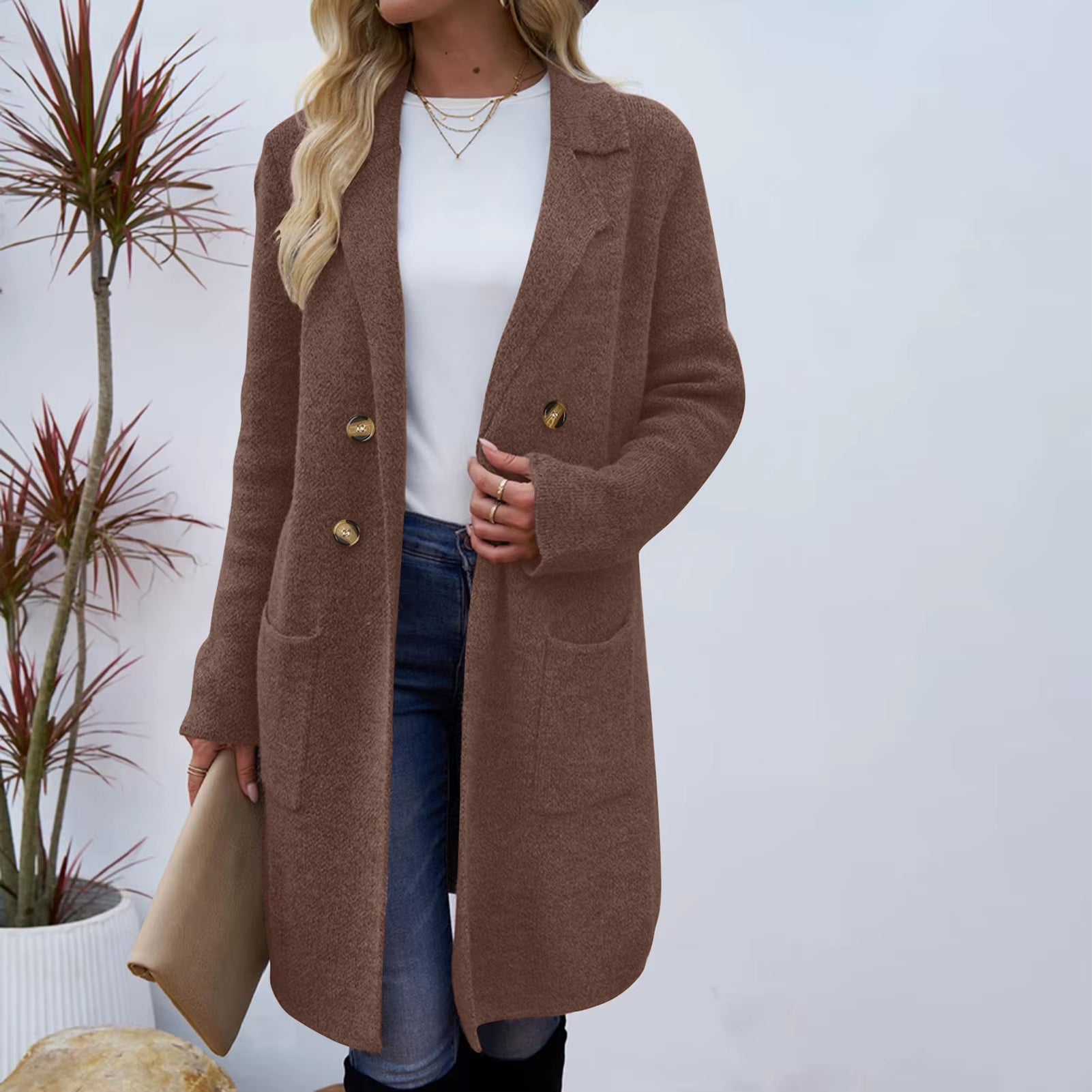 Women Woolen Jacket Turn-Down Collar Pockets Solid Color Overcoat Double-Breasted Loose Fit Thermal Outerwear Female Clothes