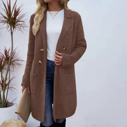 Women Woolen Jacket Turn-Down Collar Pockets Solid Color Overcoat Double-Breasted Loose Fit Thermal Outerwear Female Clothes