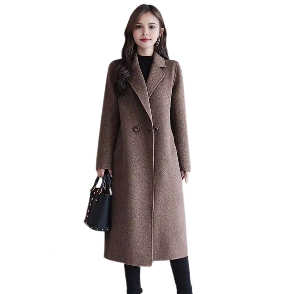 Women Woolen Jacket Turn-Down Collar Pockets Solid Color Overcoat Double-Breasted Loose Fit Thermal Outerwear Female Clothes