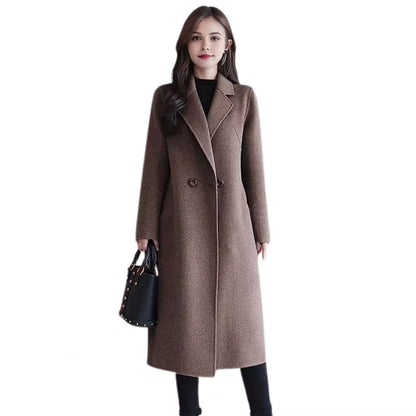 Women Woolen Jacket Turn-Down Collar Pockets Solid Color Overcoat Double-Breasted Loose Fit Thermal Outerwear Female Clothes