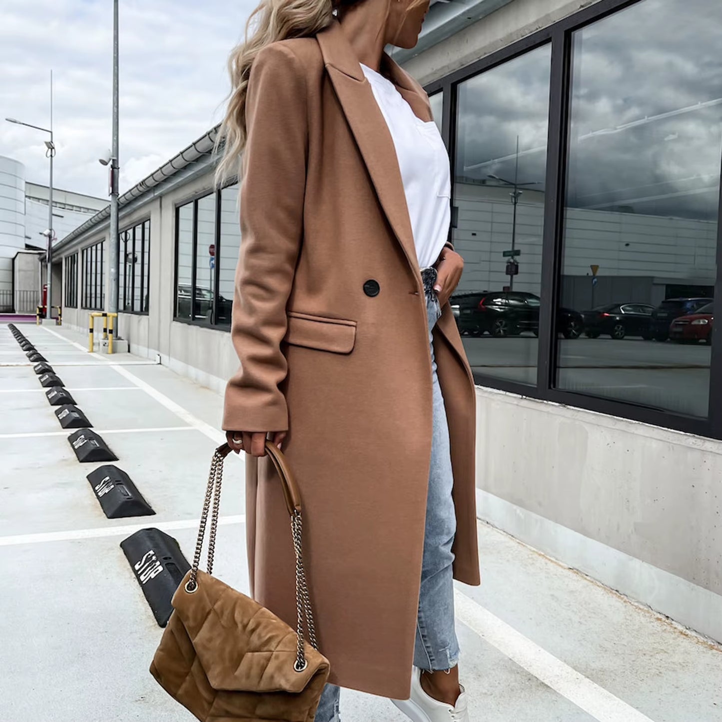 Women Woolen Jacket Turn-Down Collar Pockets Solid Color Overcoat Double-Breasted Loose Fit Thermal Outerwear Female Clothes